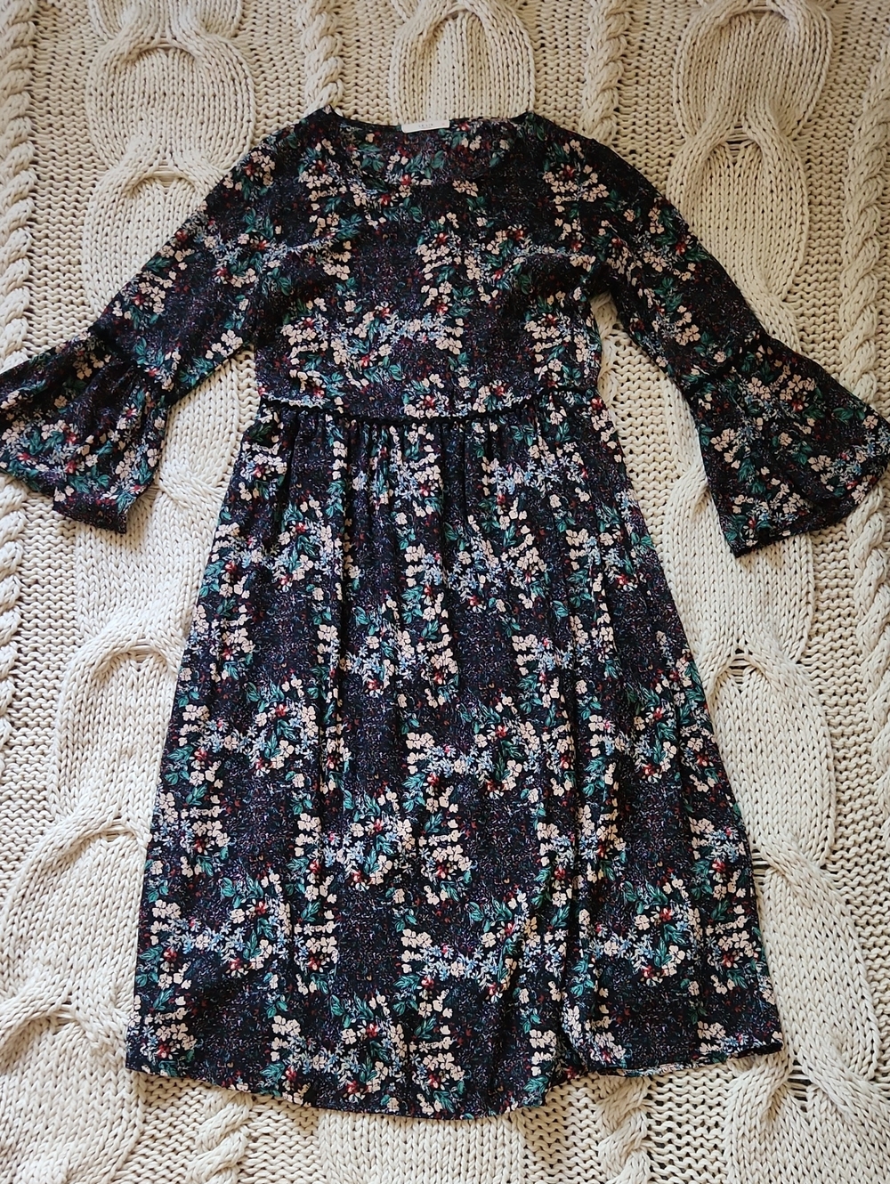 LE LIS 3/4 Bell Sleeves  Dark Floral Boho Midi Dress